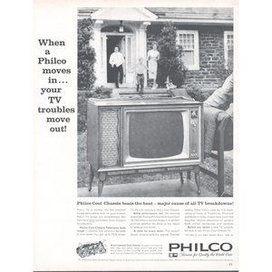 1961 Philco Television Cool Chassis TV Vintage Print Ad Outside Brick House Art